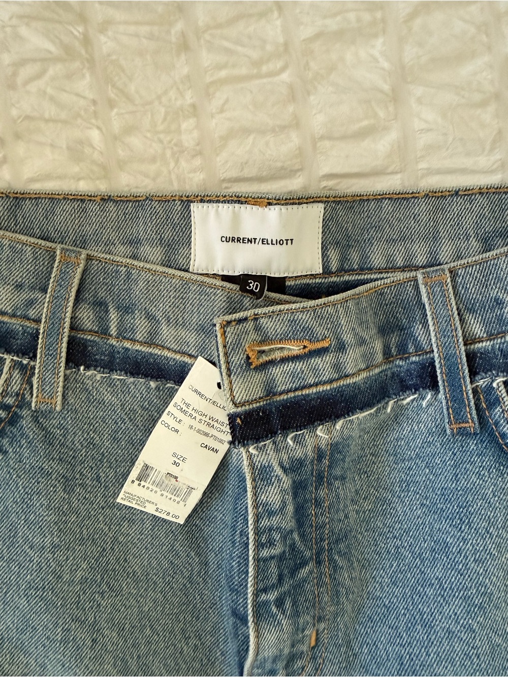 Current/Elliott Straight Leg Jeans in Light Blue Denim with Faded Detail
